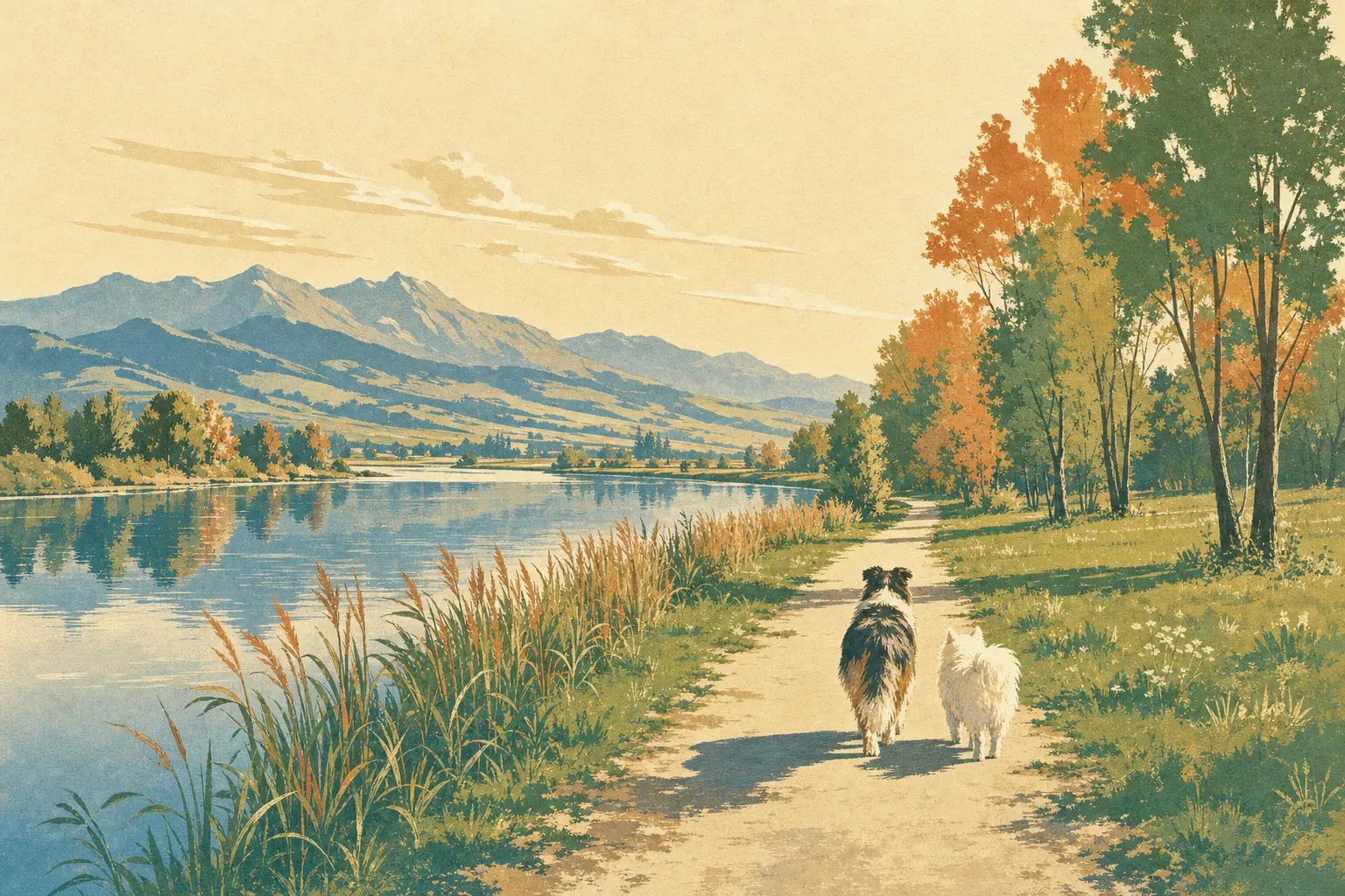 Illustration: Uferweg am Alten Rhein mit zwei Hunden, Schilf und Bergen
